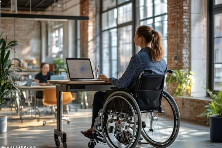 A team member using a wheelchair works alongside colleagues in an open office